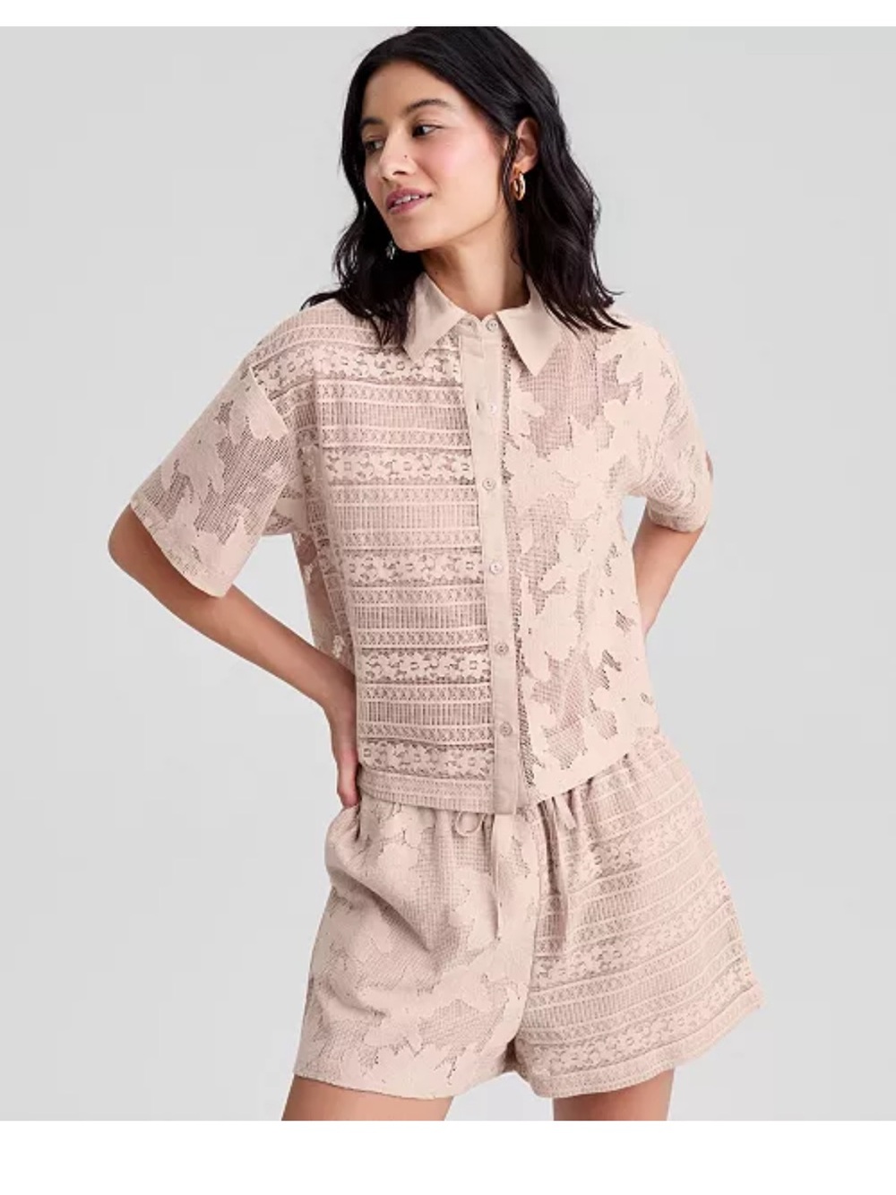 And Now This beige Knit Button-Front Shirt Shorts Set medium 2pc - Picture 1 of 4